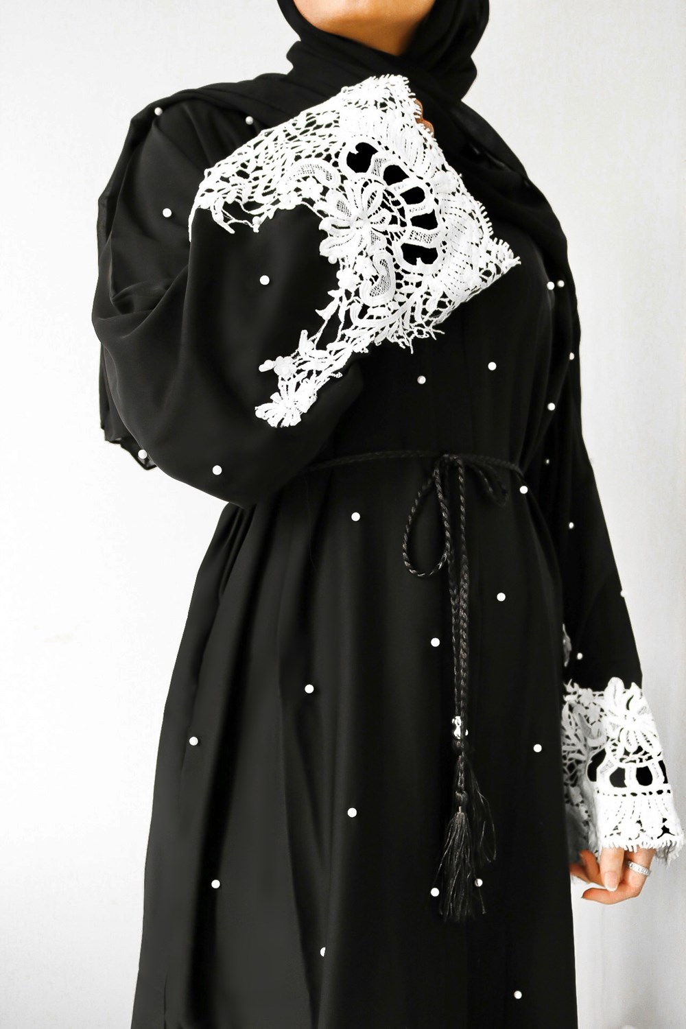 Black Abaya White Details